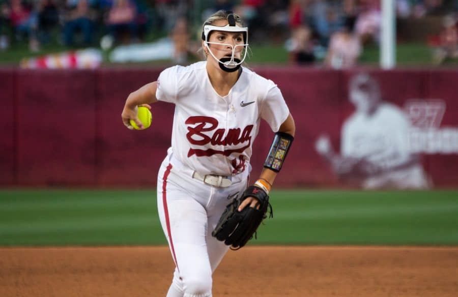 Montana Fouts pitching against LSU on April 28 at Rhoads in Tuscaloosa, Ala.