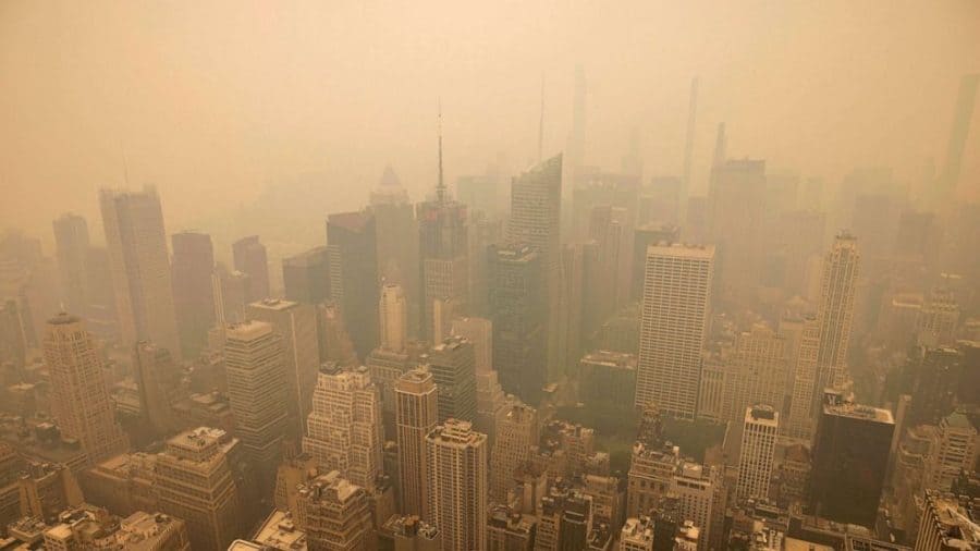  New York City is covered in haze as photographed from the Empire State Building observatory on June 7 in New York.