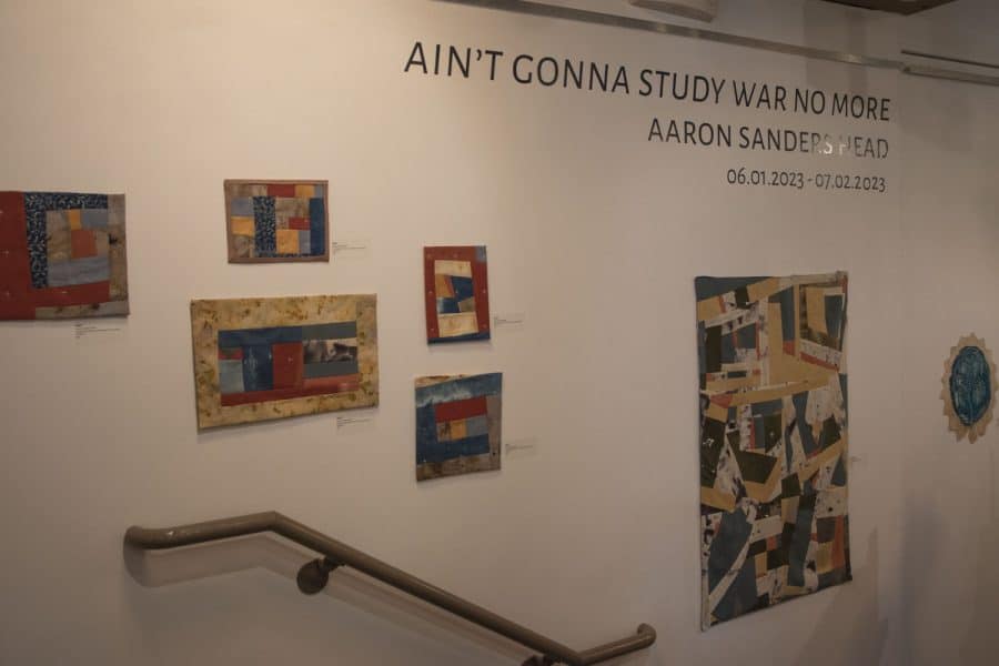 Art pieces from Aaron Sanders Head’s “Ain’t Gonna Study War No More” gallery show feature at the Kentuck Art Center in Northport, Ala.