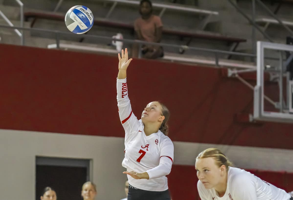 Alabama volleyball player Victoria Schmer (#7) going to hit the ball in a match against Mississippi Valley State at Foster Auditorium on Aug. 25 in Tuscaloosa, Ala.