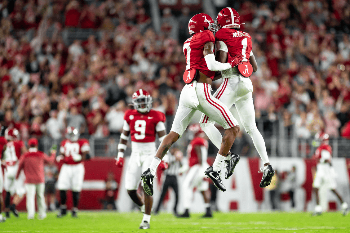 Alabama football players Kool-Aid McKinstry and Ja’Corey Brooks celebrate during the game against Mississippi State on Oct. 22, 2022 in Tuscaloosa, Ala.