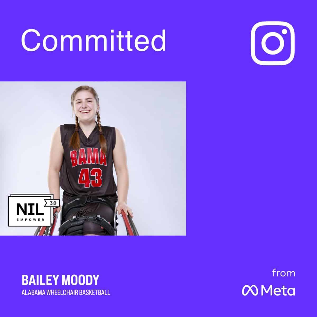 Bailey Moody announcement post for her partnership with Meta’s NIL Empower 3.0 program.
