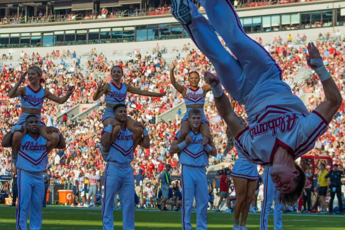 Alabama cheerleaders show off their skills during the game against Ole Miss on Sept. 23 at Bryant-Denny Stadium in Tuscaloosa, Ala.