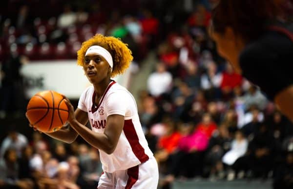 Alabama women’s basketball player Loyal McQueen (#0) preparing to shoot a free throw against South Carolina on Jan. 29, 2023 at Coleman Coliseum.