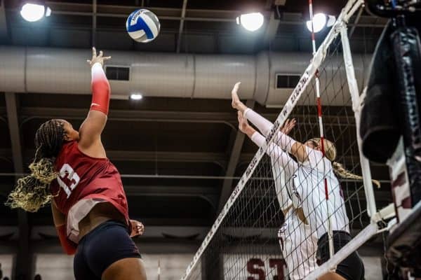 Alabama volleyball player Alyiah Wells (#13) hits the ball against Mississippi State on Sept. 24 in Starkville, MS.