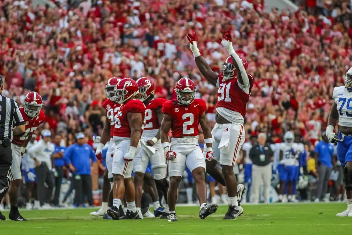 The+Crimson+Tide+celebrates+a+tackle+against+Middle+Tennessee+on+Sep.+2+at+Bryant-Denny+Stadium+in+Tuscaloosa%2C+Ala