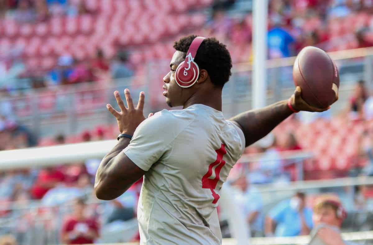 Alabama quarterback Jalen Milroe (#4) during pre-game warm-ups before playing against Middle Tennessee on Sep. 2 at Bryant-Denny Stadium in Tuscaloosa, Ala.