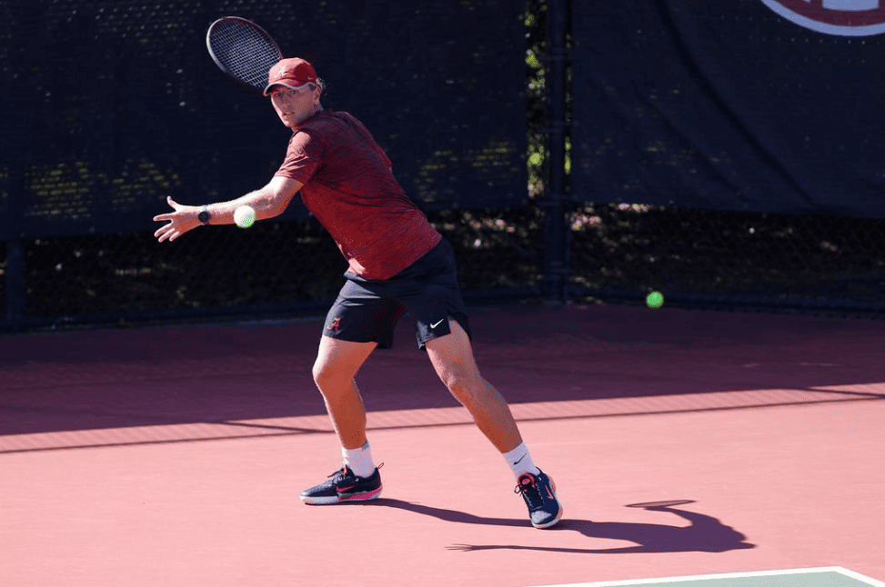 Alabama mens tennis player Matias Ponce De Leon hits a forehand against Purdue in the Big 10 Challenge at The University of Alabama Tennis Stadium in Tuscaloosa, AL on Sunday, Sep 17, 2023