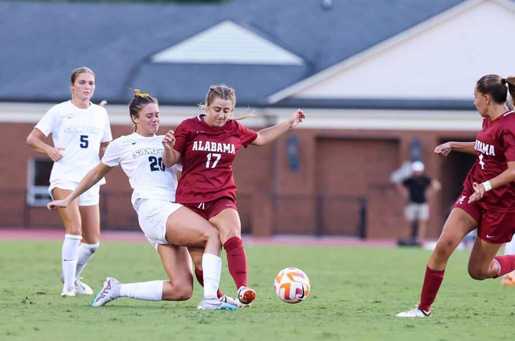 

Alabama soccer player Kate Henderson (#17) kicks the ball against Samford on Sep. 3 at Samford Track and Soccer Stadium in Birmingham, Ala.
