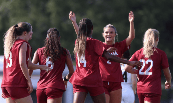 Alabama soccer players celebrating a score against Mercer at Betts Stadium on Sep. 17 in Macon, GA.