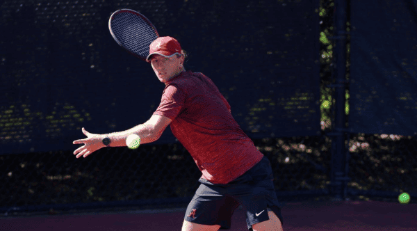 Alabama tennis player Matias Ponce De Leon preparing to hit the ball during the Big 12/SEC Challenge on Sept. 24 in Stillwater, OK.