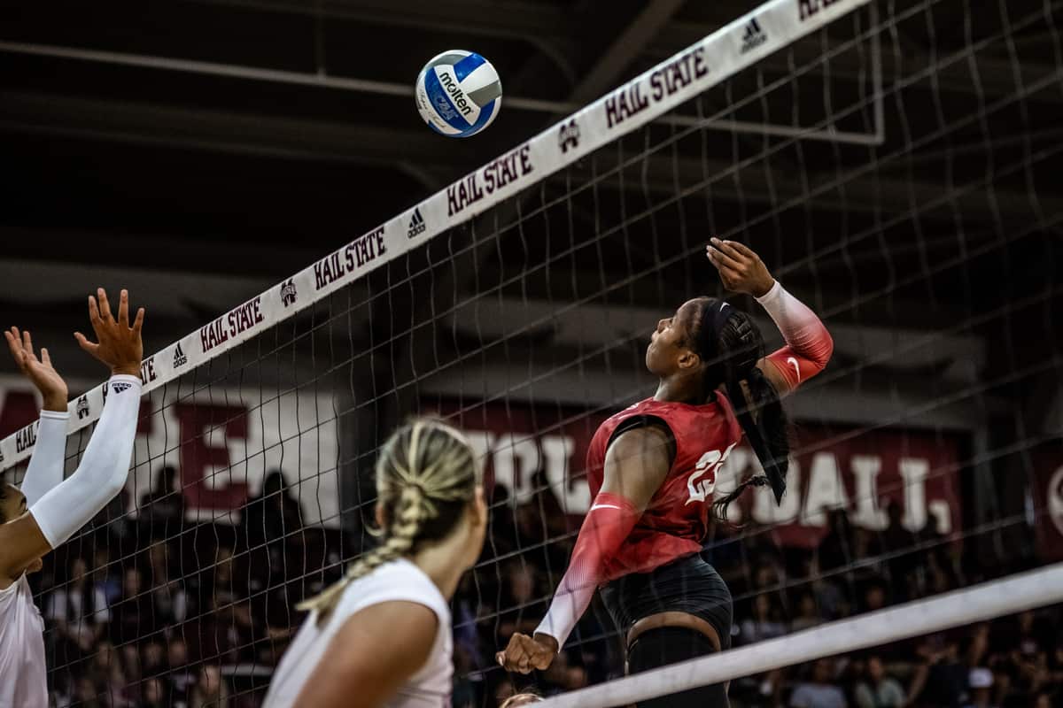 Alabama volleyball player Chaise Campbell (#23) prepares to hit the ball in a game against Mississippi State on Sept. 24 in Starkville, MS.