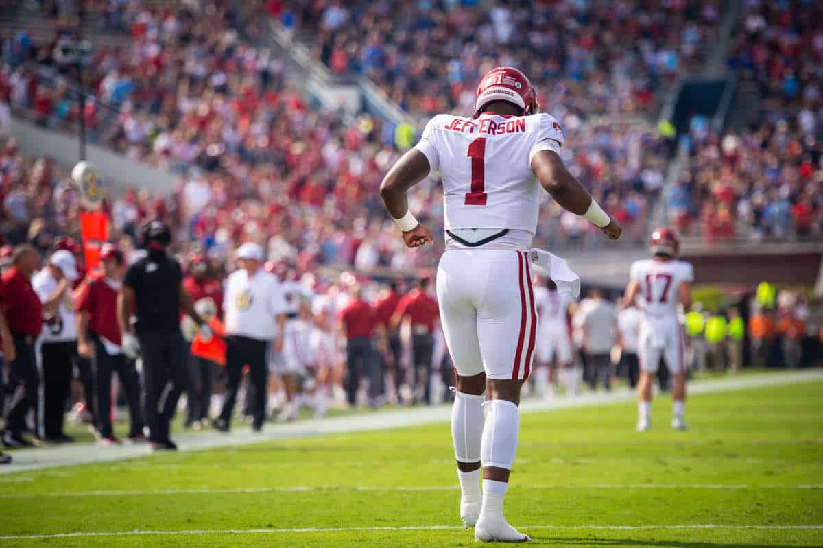 Arkansas quarterback K.J. Jefferson (#1) during a game against Ole Miss on Oct. 7 in University, MS.