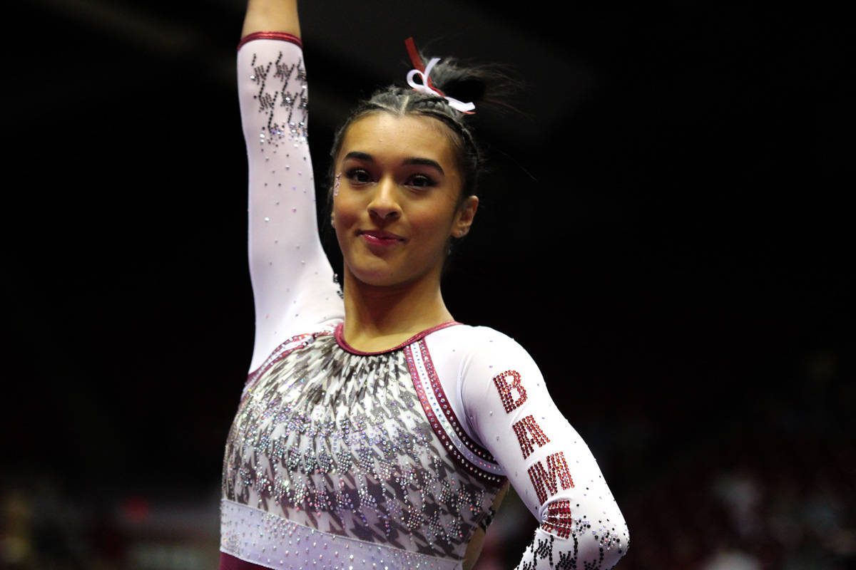 Alabama gymnast Luisa Blanco after performing a routine against Michigan State on Jan. 7, 2023 in Tuscaloosa, Ala.