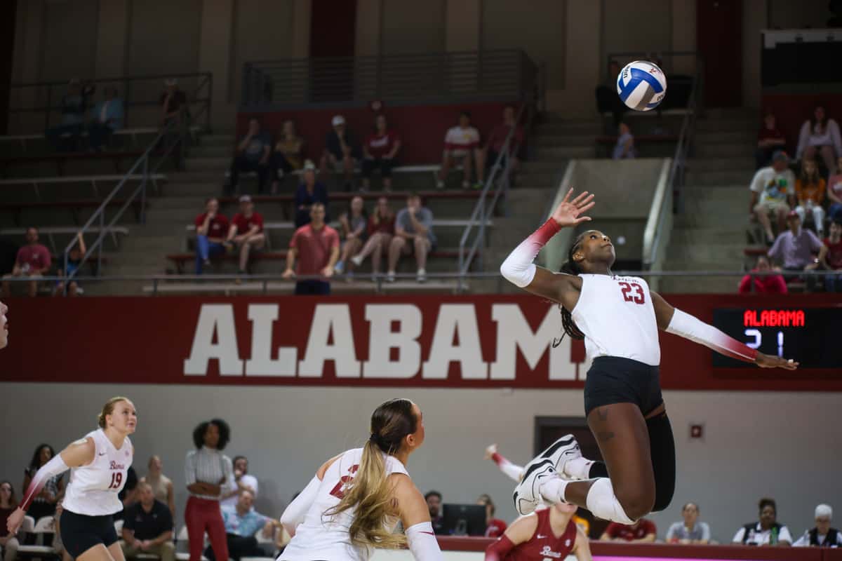 Alabama volleyball player Chaise Campbell jumps for the ball against Tennessee on Oct. 4 at Foster Auditorium in Tuscaloosa, Ala.