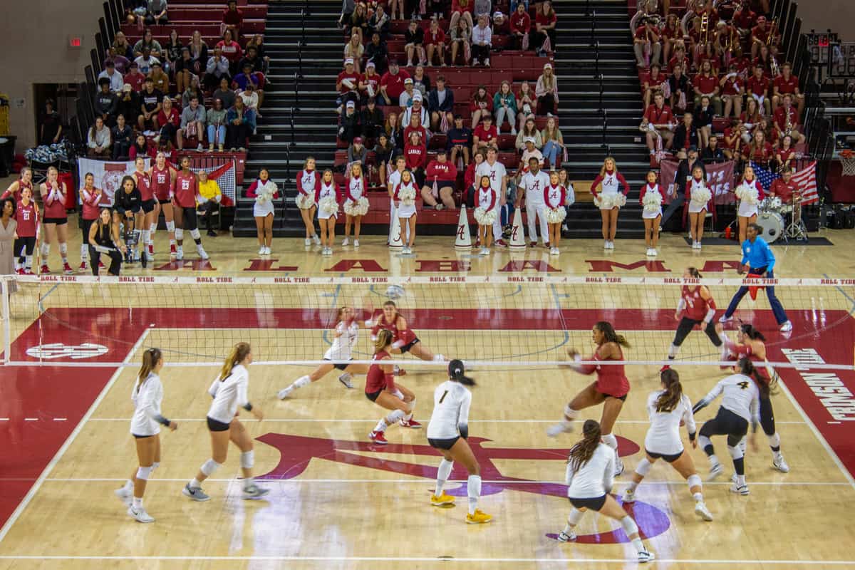 The Alabama volleyball team playing against Missouri on Oct. 11 in Tuscaloosa, Ala.