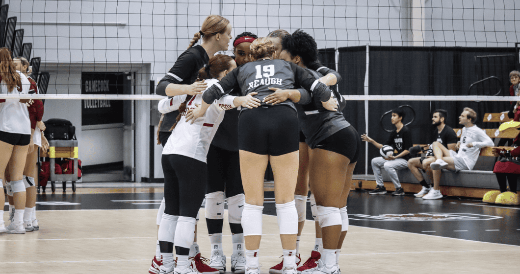 Members of the Alabama volleyball team gather after a point in its Wednesday night loss to South Carolina in Columbia, South Carolina. 