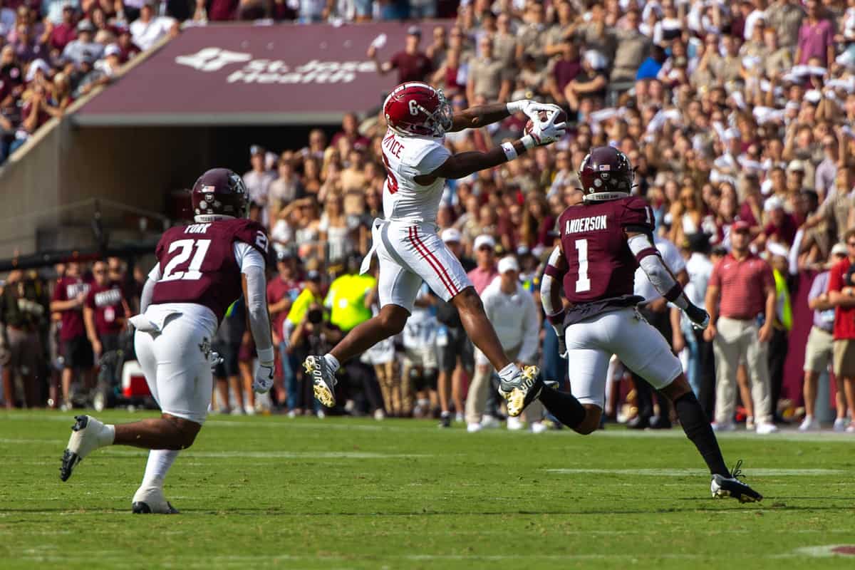 Alabama+wide+receiver+Kobe+Prentice+%28%236%29+makes+a+catch+against+Texas+A%26M+on+Oct.+7+in+College+Station%2C+Texas.