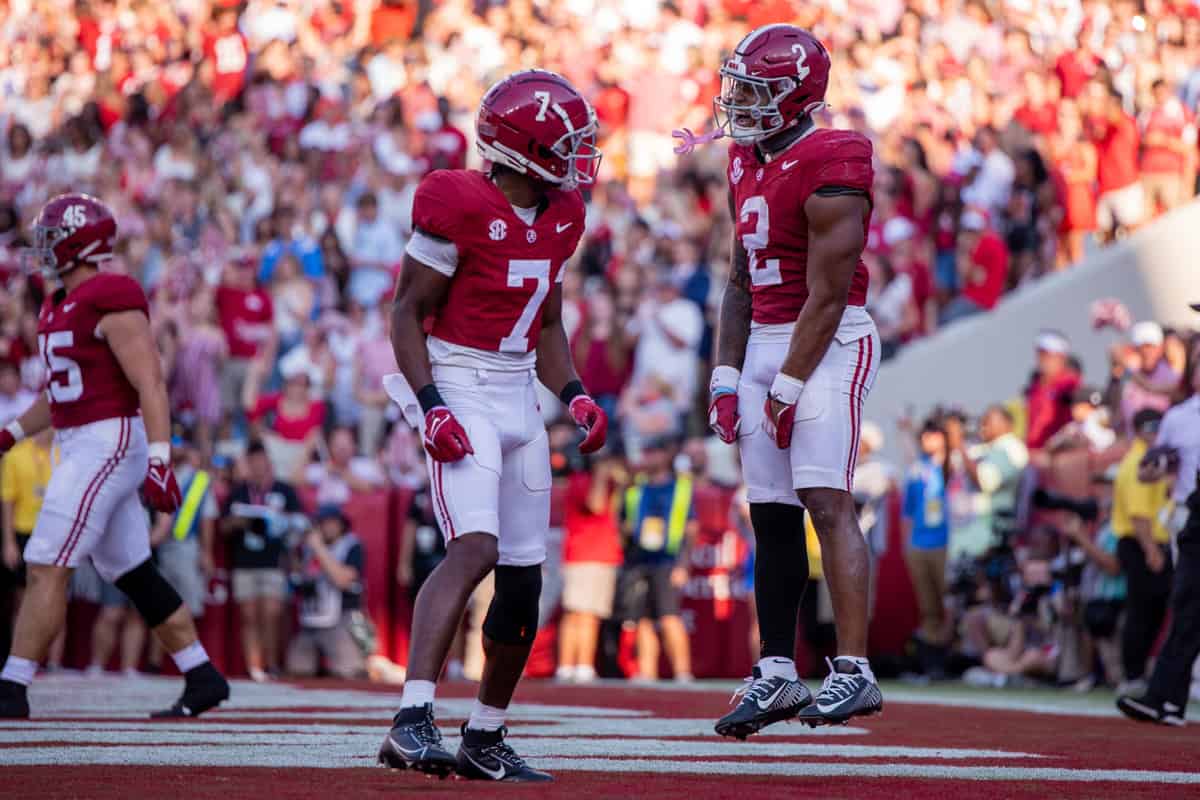 Alabama running back Jase McClellan (#2) celebrates a touchdown against Ole Miss on Sept. 23 at Bryant-Denny Stadium in Tuscaloosa, Ala.