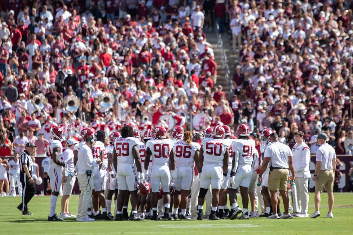 Alabama football team during a timeout against Texas A&M on Oct. 7 in College Station, Texas.