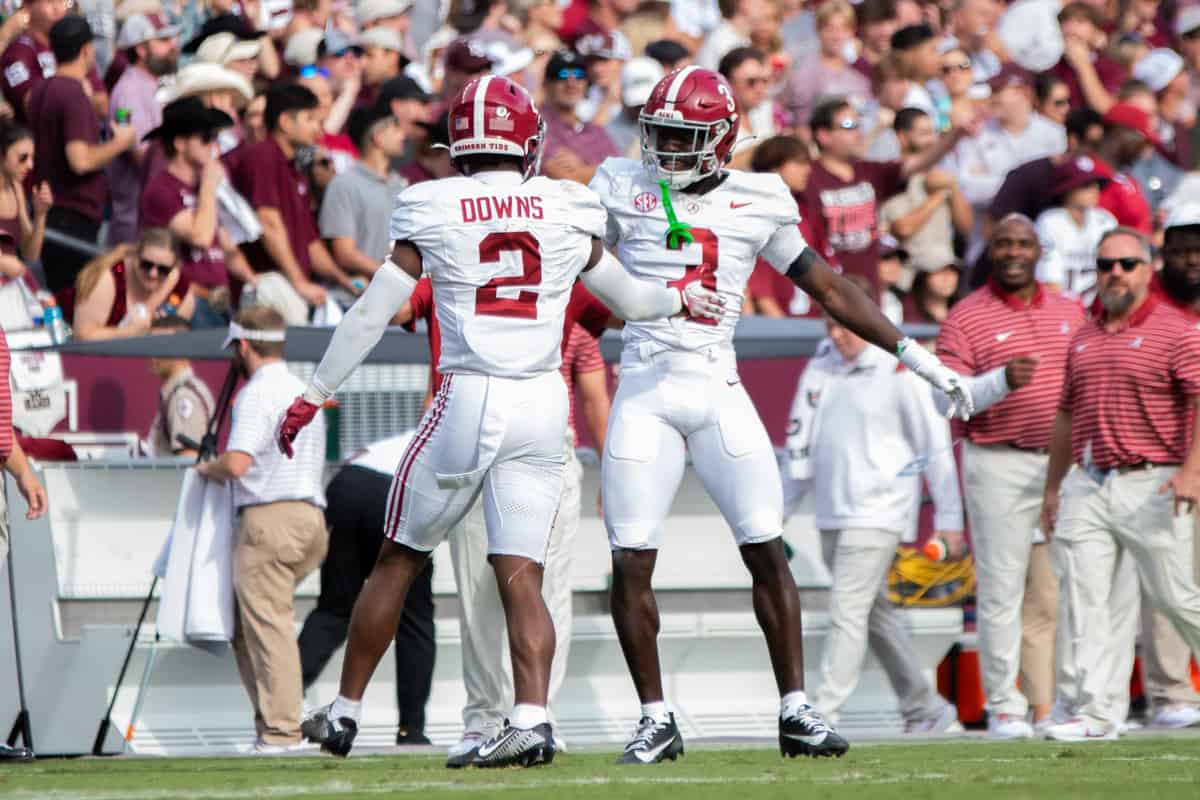 Alabama defensive back Caleb Downs (#2) celebrates with teammate Terrion Arnold (#3) after an interception against Texas A&M on Oct. 7 in College Station, Texas.