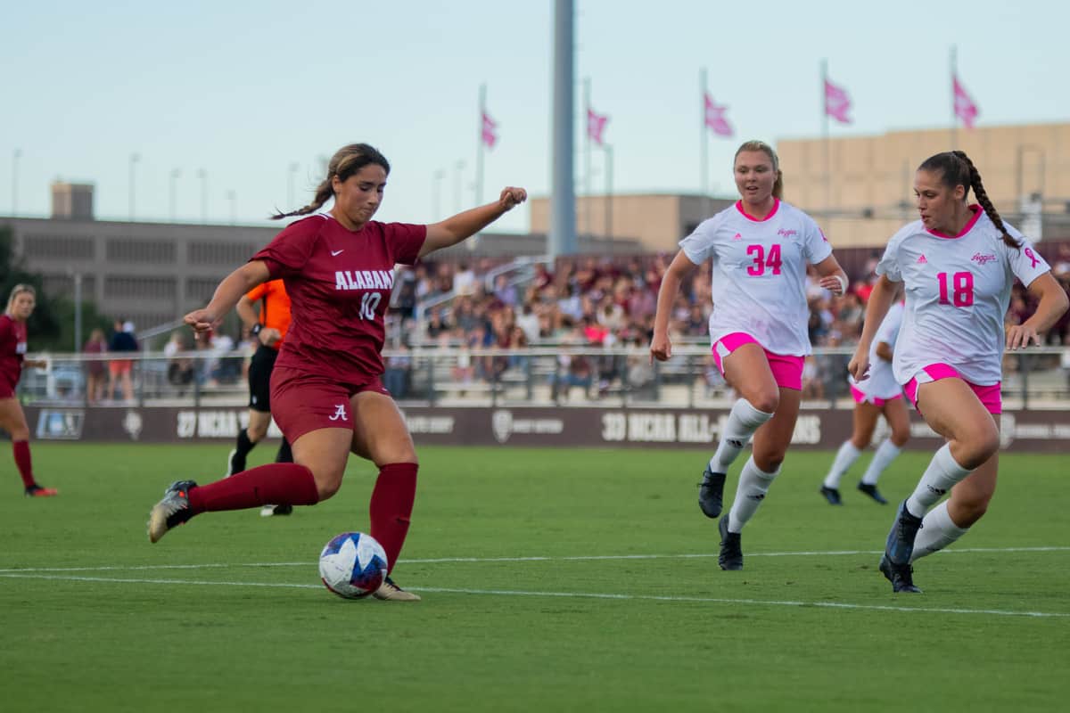Alabama soccer player Nadia Ramadan (#10) prepares to kick the ball in a game against Texas A&M on Oct. 8 in College Station, Texas.