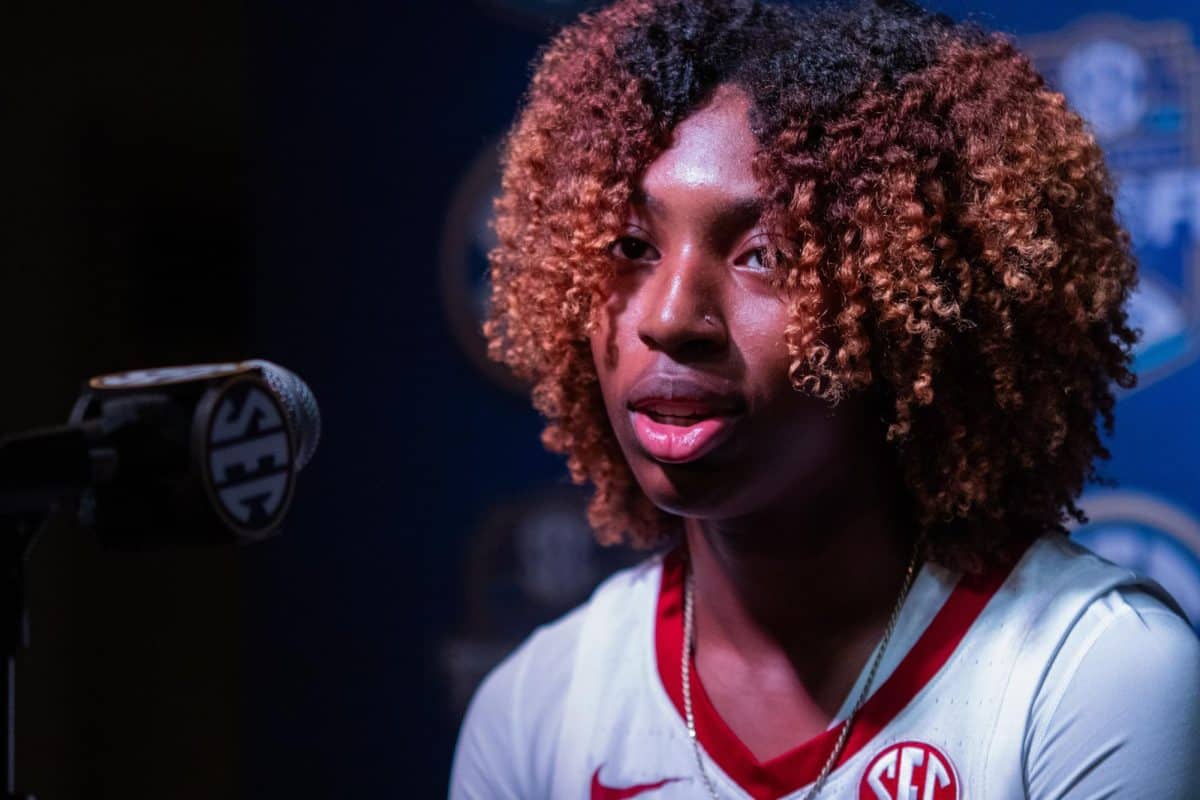 Alabama womens basketball player Loyal McQueen speaks at the SEC Basketball Tipoff event on Oct. 19 in Birmingham, Ala.