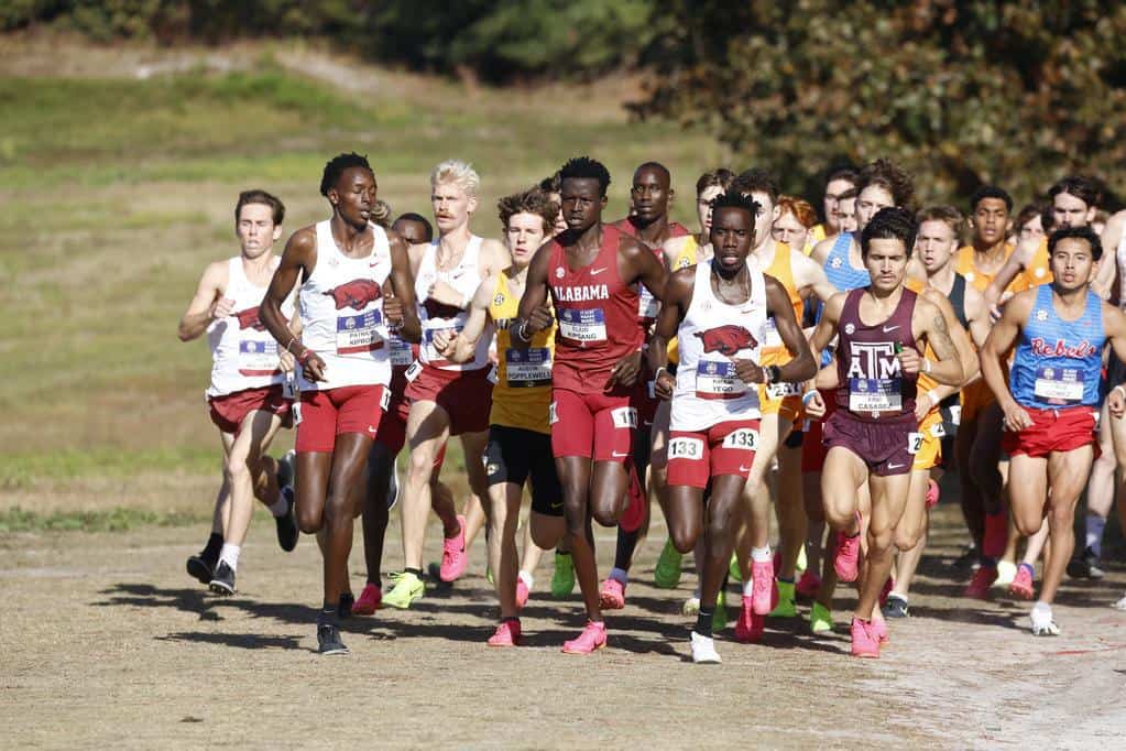 Alabama runner Eliud Kipsand leads the pack during the SEC Cross Country Championships.