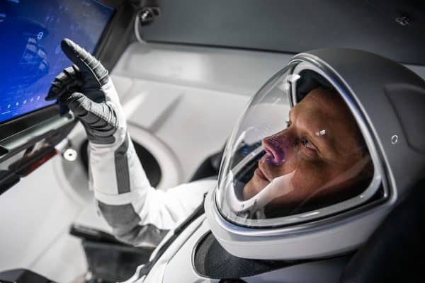 Hines training in a mock-up of the Crew Dragon spacecraft that was used during the SpaceX Crew-4 mission.