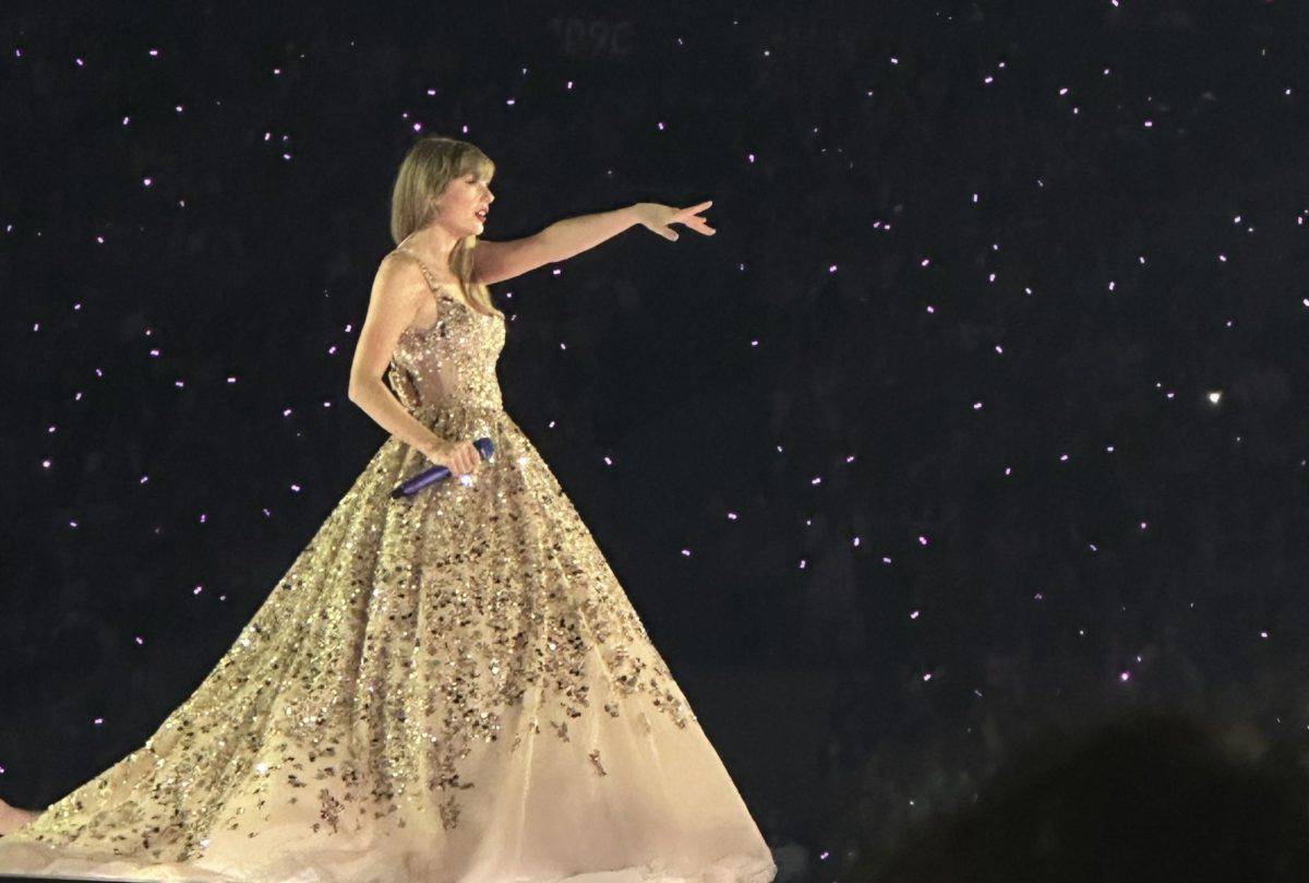 Taylor Swift performing during her “The Eras Tour” at the Mercedes-Benz Stadium on April 29, 2023, in Atlanta, GA.
