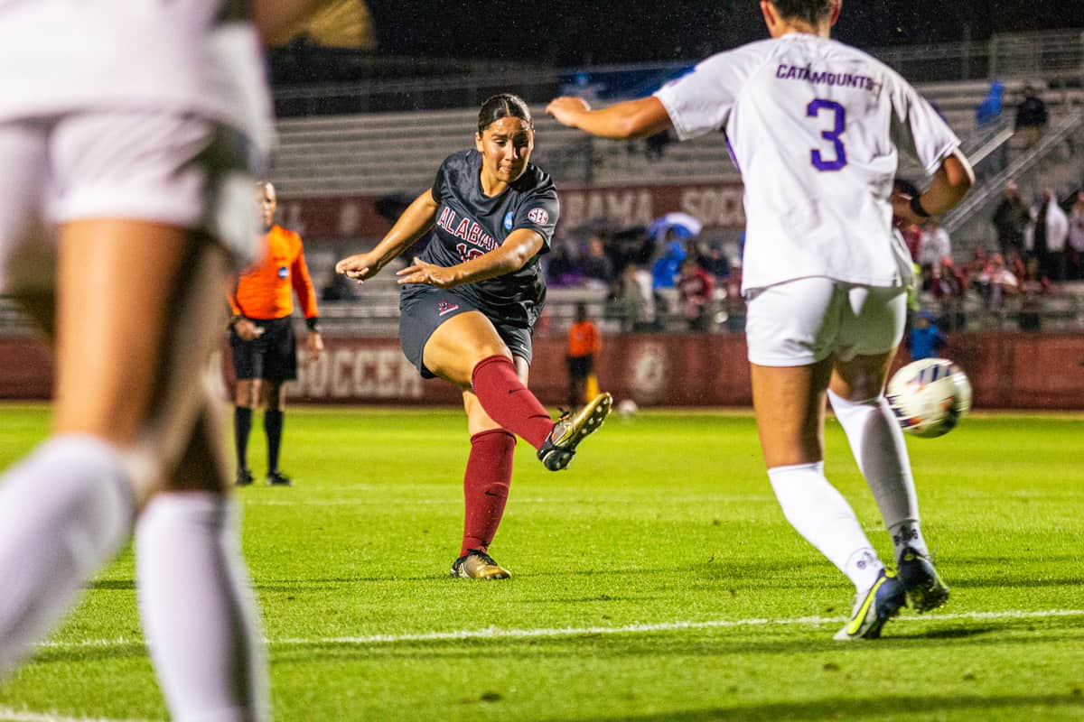Alabama soccer player Nadia Ramadan (#10) kicks the ball against Western Carolina on Nov. 10 in Tuscaloosa, Ala.