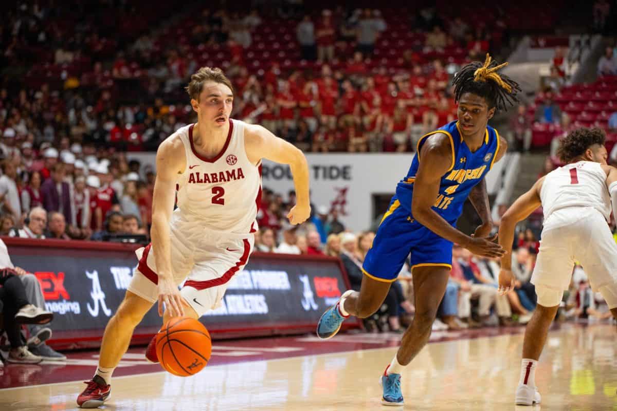 Alabama forward Grant Nelson (#2) drives the ball towards the net against Morehead State.