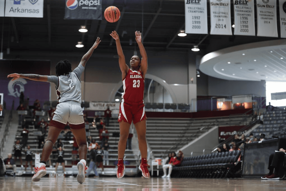 Alabama Guard Jessica Timmons (23) shoots a three against Little Rock at Coleman Coliseum in Tuscaloosa, AL on Sunday, Nov 19, 2023.