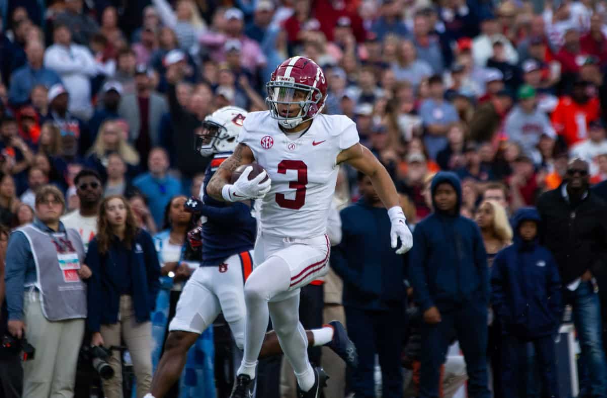 Alabama wide receiver Jermaine Burton (#3) runs the ball for a touchdown against during the Iron Bowl on Nov. 25 in Auburn, Ala.