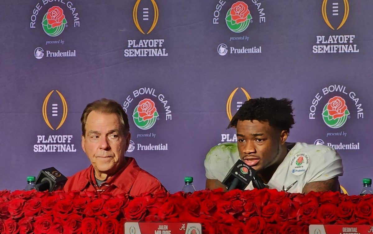 Former Alabama head football coach Nick Saban and quarterback Jalen Milroe (#4) speak at the post-game press conference after the team’s loss to Michigan in the Rose Bowl on Jan. 1 in Pasadena, CA.