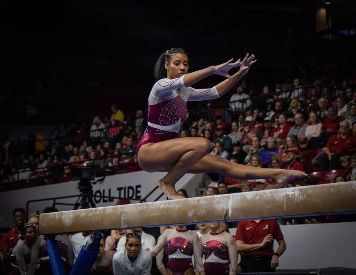 Alabama+gymnast+Shania+Adams+performs+her+beam+routine+against+Missouri+on+Jan.+12+in+Coleman+Coliseum.%0A%0A