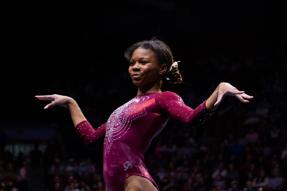 Alabama gymnast Jamison Sears performs her floor routine against Arkansas on Jan. 19 in Coleman Coliseum.
