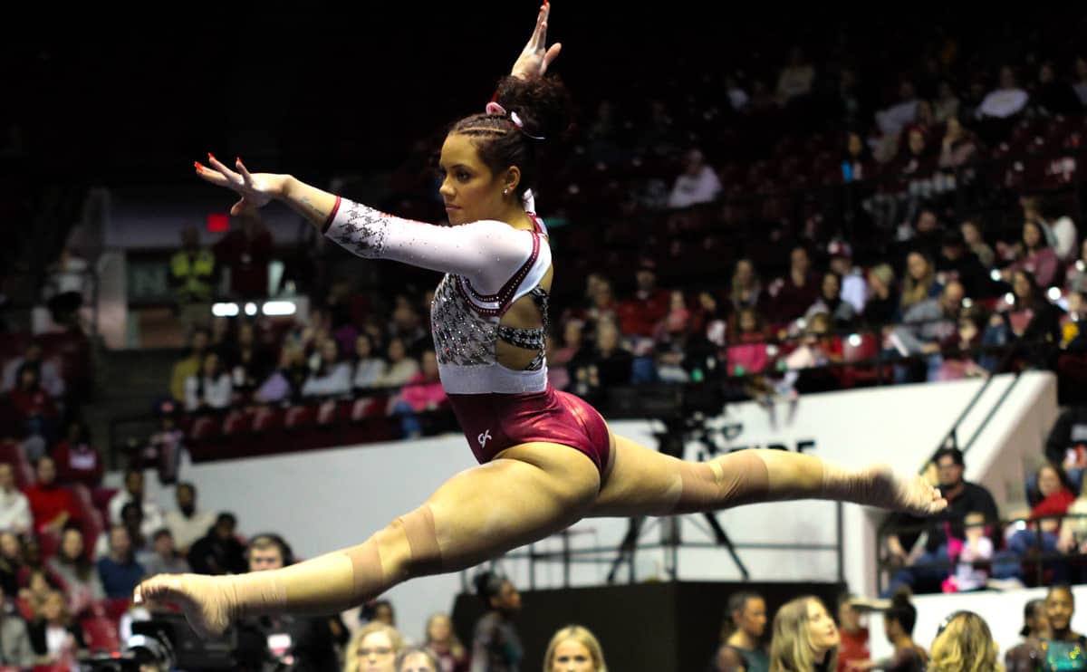 Alabama+gymnast+Makarri+Doggette+performs+her+floor+routine+against+Michigan+State+on+Jan.+6%2C+2023%2C+in+Coleman+Coliseum.