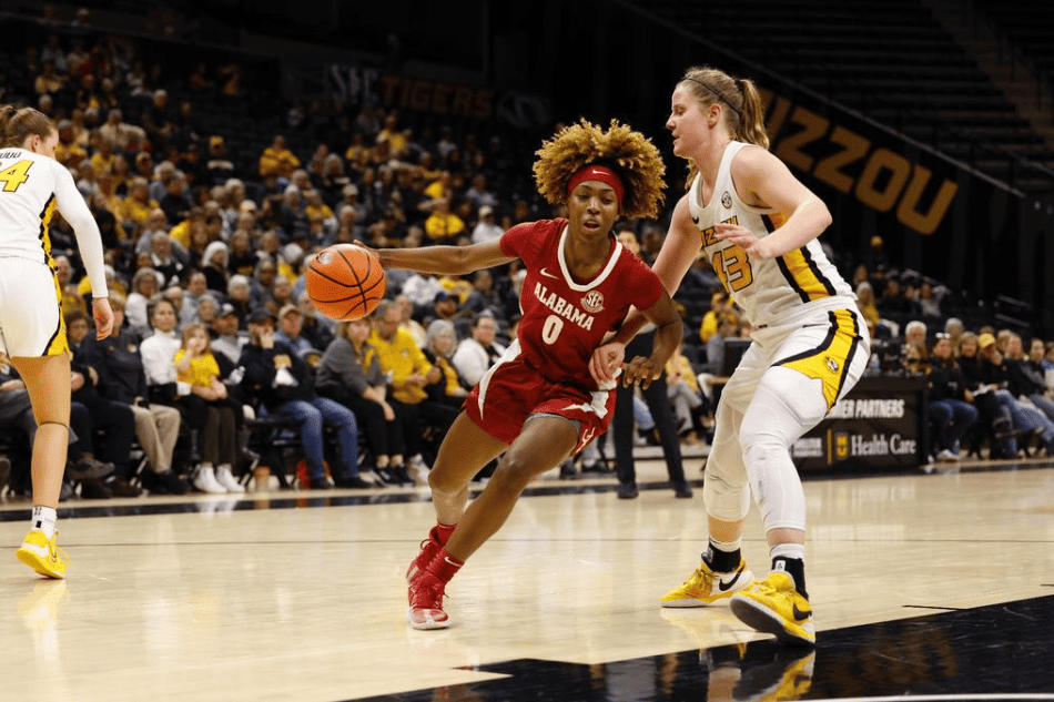 Alabama Guard Loyal McQueen (0) in action against Missouri at Mizzou Arena in Columbia, MO on Sunday, Jan 7, 2024.