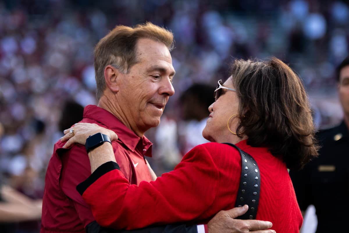 Former Alabama head football coach Nick Saban celebrates the win over Texas A&M with his wife, Mrs. Terry on Oct. 7, 2023, in College Station, Texas.