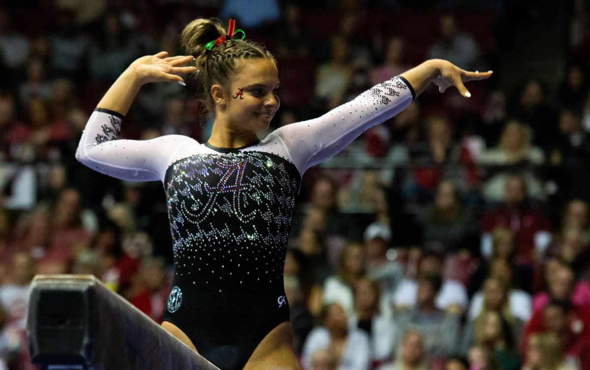 Alabama gymnast Lilly Hudson performs her beam routine against LSU on Feb. 24, 2023, in Coleman Coliseum.