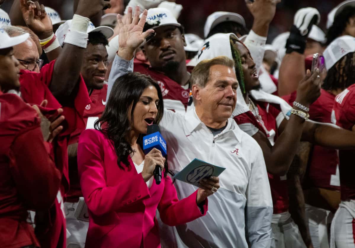 Former Alabama head coach Nick Saban celebrates the win over Georgia in the SEC Championship with the team after the game on Dec. 2, 2023, in Atlanta, GA.