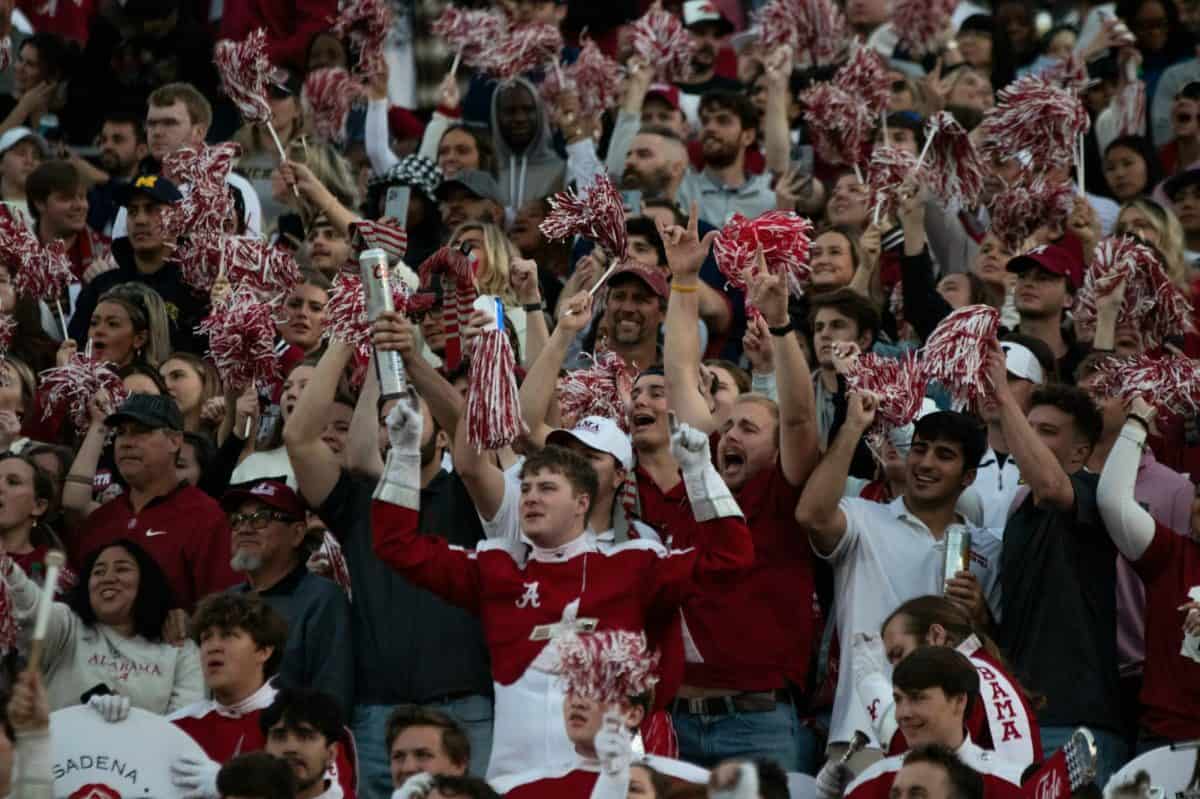 Alabama fans cheer on the Crimson Tide at the Rose Bowl on Jan. 1 in Pasadena, CA.