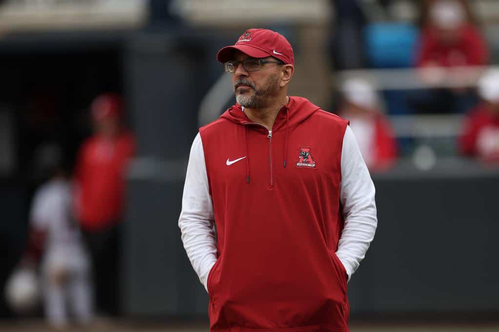 Alabama Head Coach Patrick Murphy watches the game against Georgia Tech at Shirley Clements Mewborn Field in Atlanta, GA on Friday, Feb 9, 2024.