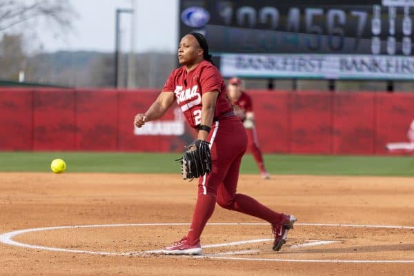 Alabama pitcher Jaala Torrence throws a pitch against UNA on Feb. 21 at Rhoads Stadium.