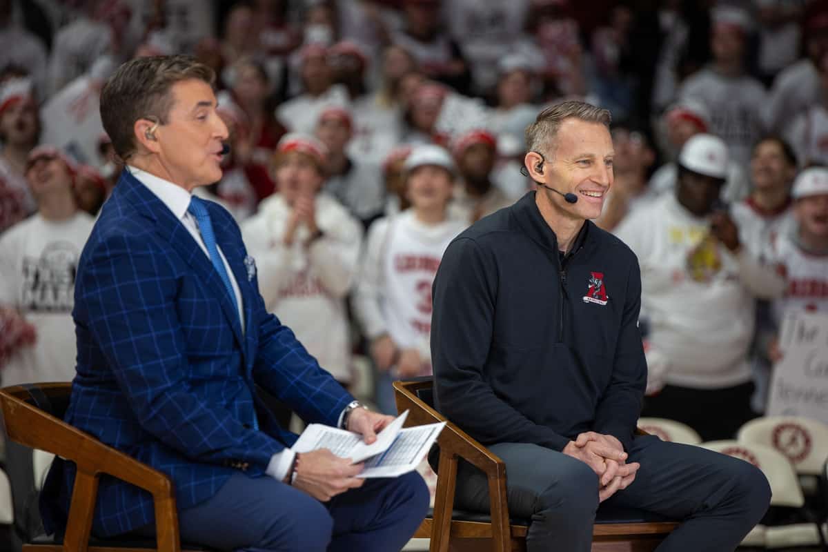 Alabama head coach Nate Oats is introduced alongside College GameDay personalities.