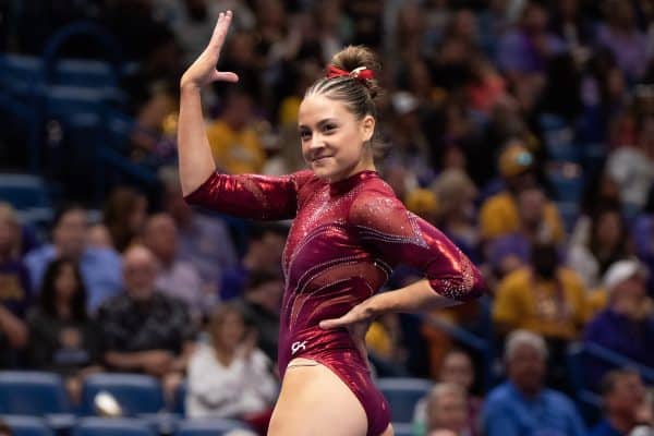 Alabama gymnast Gabby Gladieux performs her floor routine at the SEC Gymnastics Championship on March 23 in New Orleans, Louisiana.