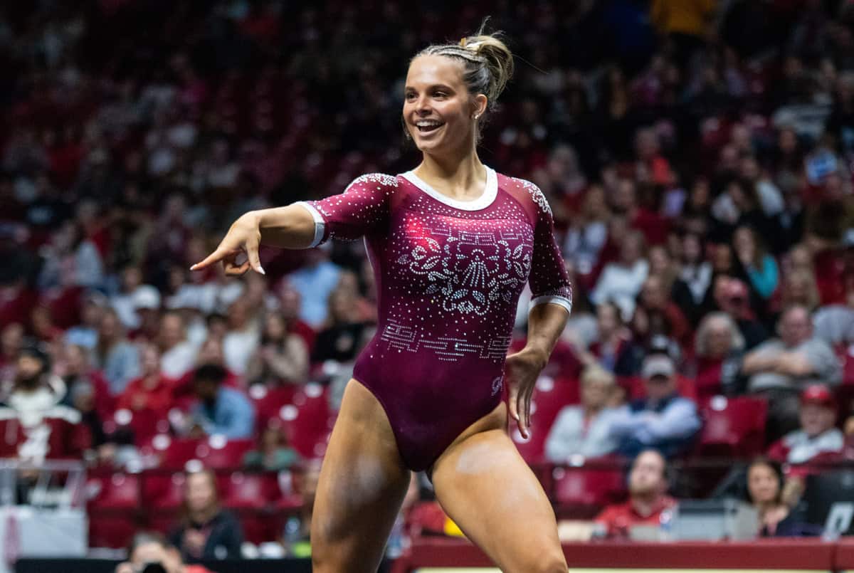 Alabama+gymnast+Lily+Hudson+performs+her+floor+routine+during+the+Quad+meet+on+March+8+in+Coleman+Coliseum.