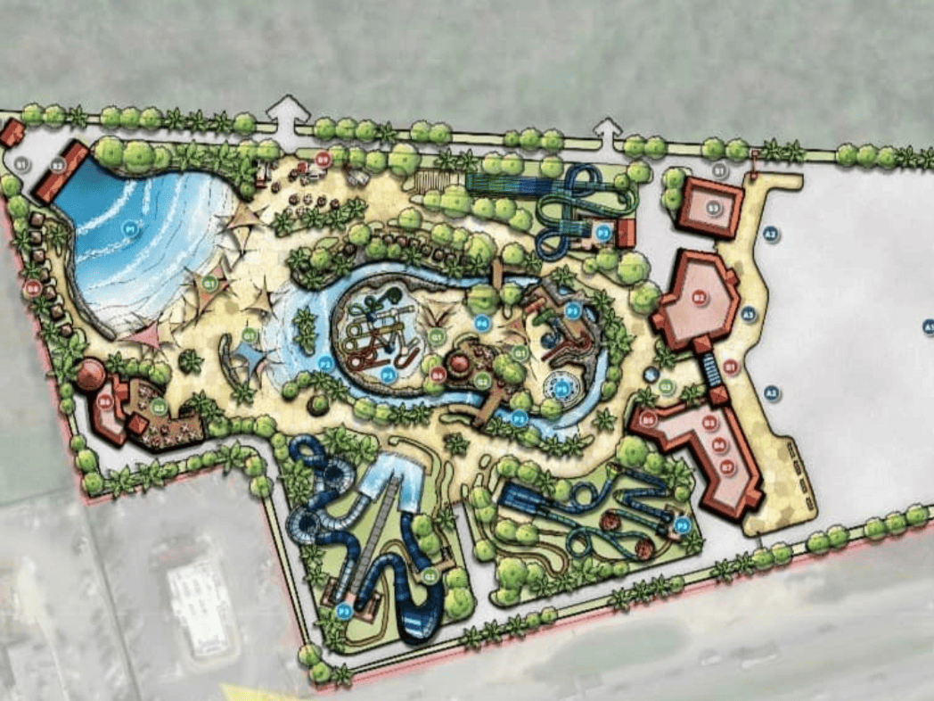 Aerial rendering of the Northport water park.