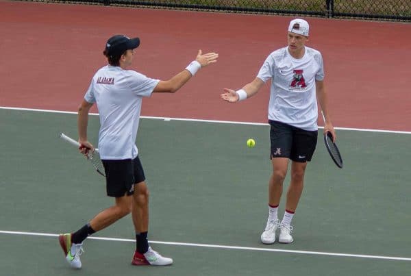 Alabama men’s tennis players during a match against Arkansas on Mar. 22 in Tuscaloosa, AL